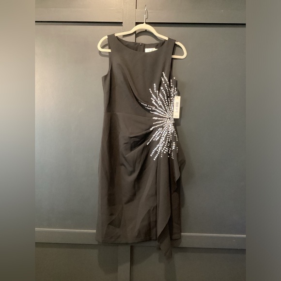 Eliza J Boat Neck rhinestone starburst draped Ruched Sheath Mini Dress black 10 - Picture 2 of 12